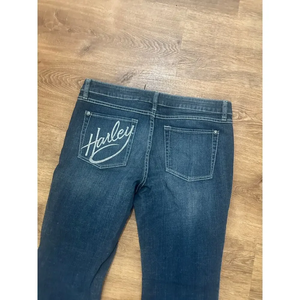 Harley Davidson Bootcut Y2K Bling Jeans Sz 12 Dark Wash 32 Inseam - Excellent - Picture 6 of 10